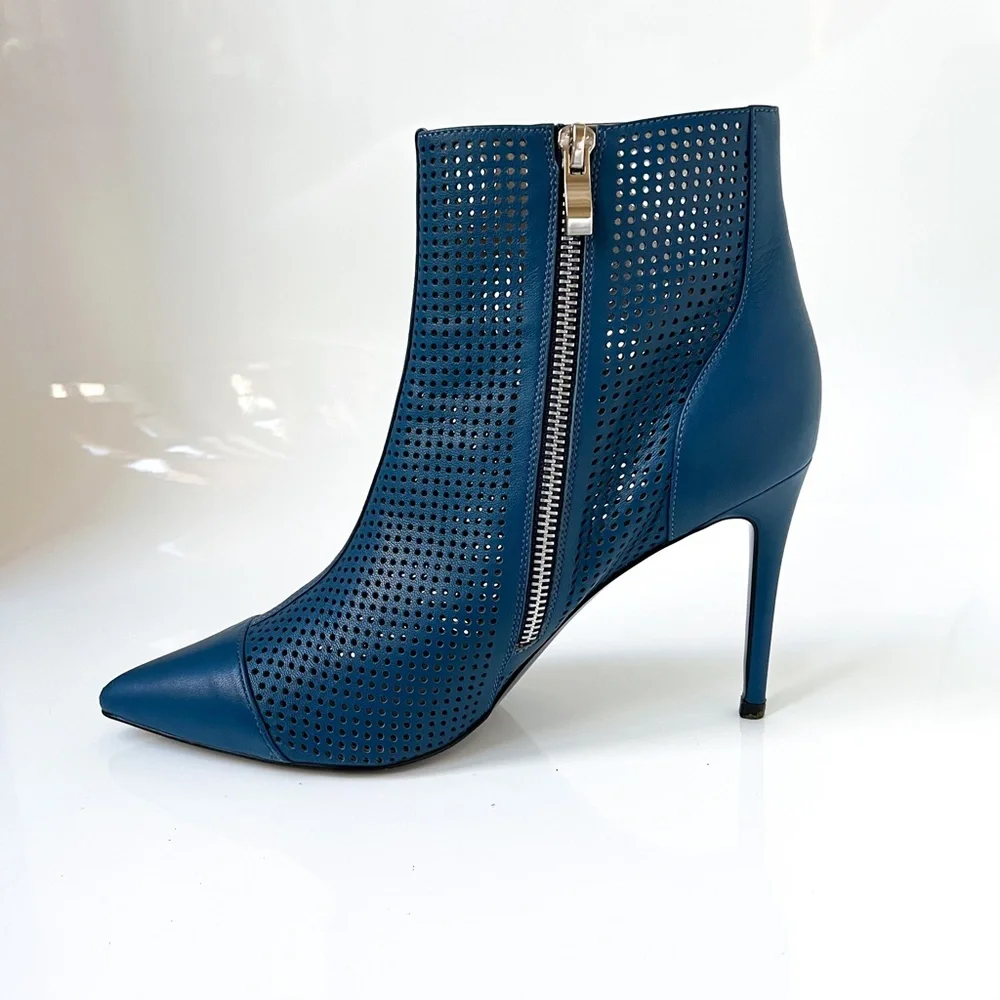 $599 Loriblu Perforated Blue Leather Ankle Boots Booties High Heel Pointy Toe 40